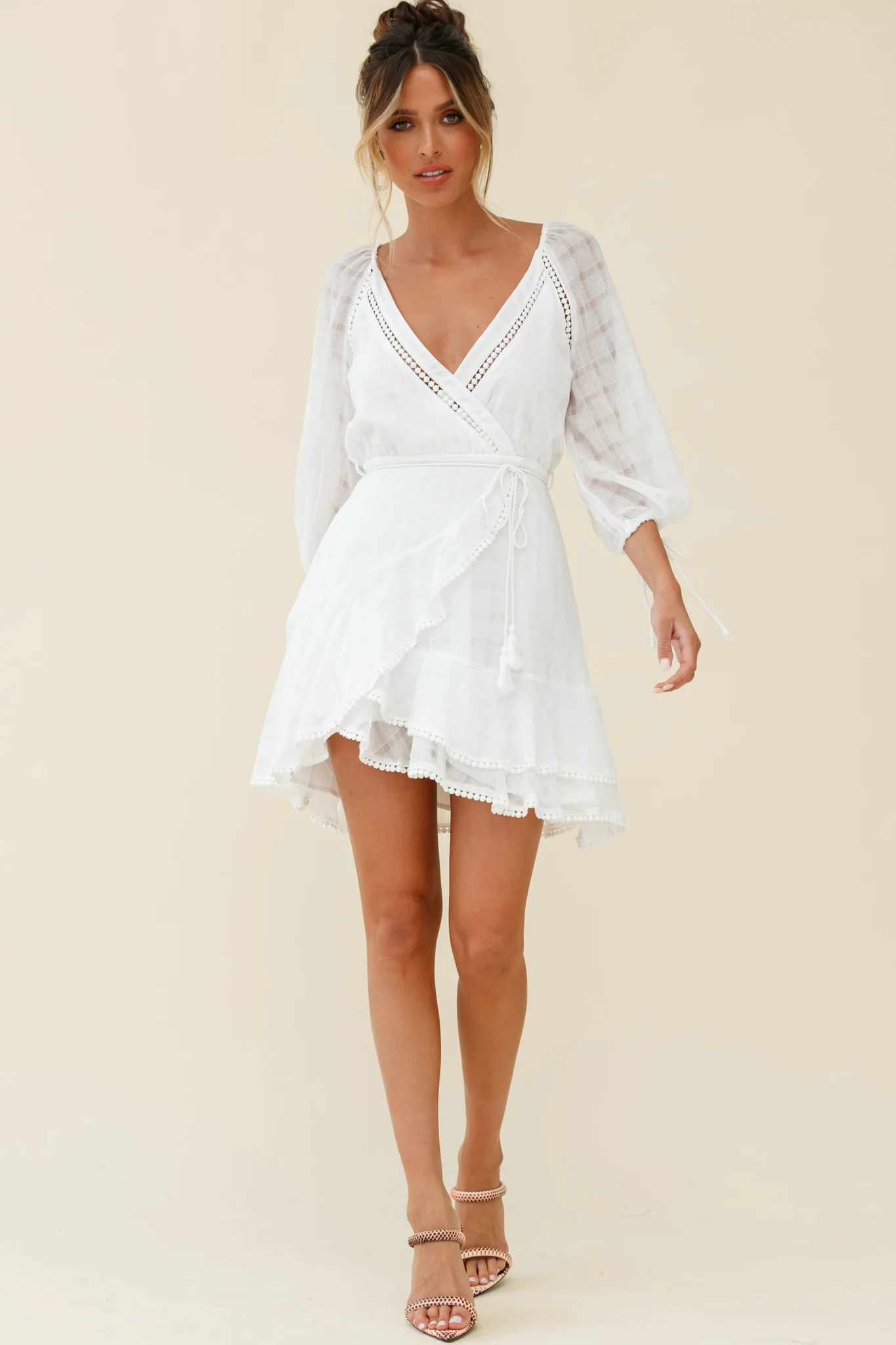 Wilde Balloon Sleeve Crochet Trim Dress White - Sonourner