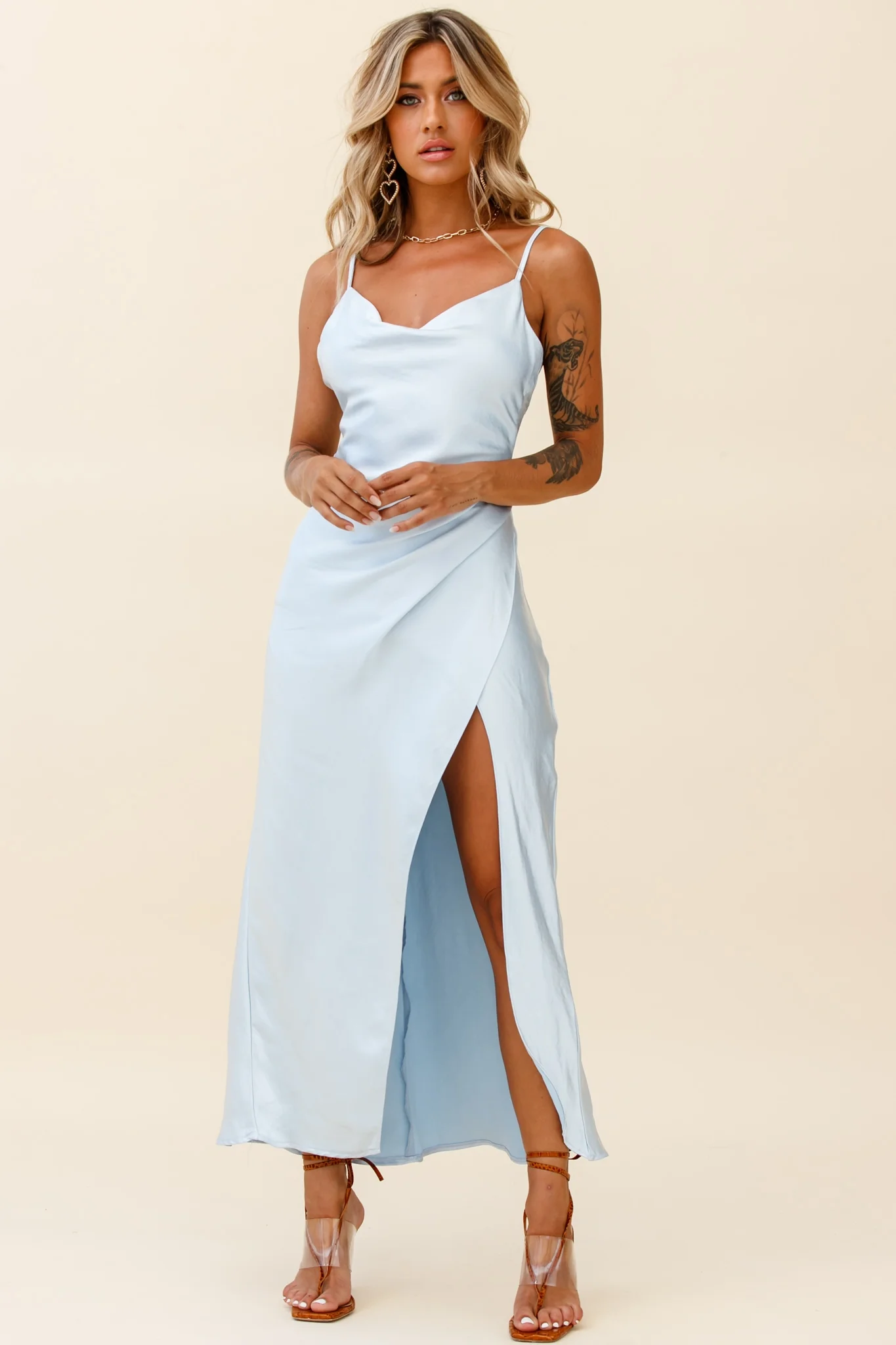 Hey Girl Long Satin Cowl Neck Dress Steel Blue - Sonourner