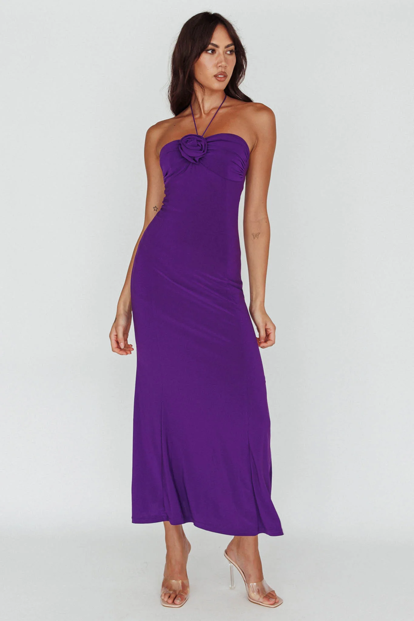 Ibiza Sunset Bust Flower Midi Dress Purple - Sonourner