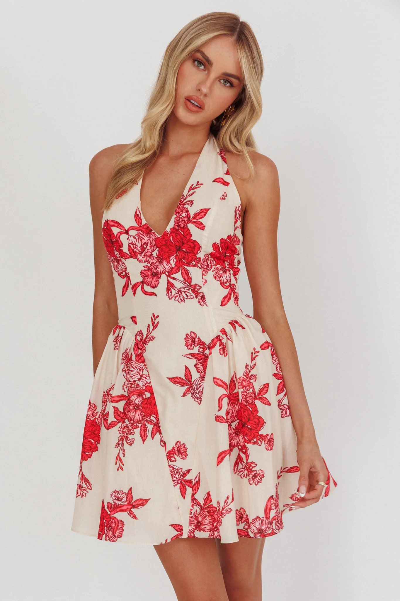 El Corazon Halterneck Mini Dress Floral Red - Sonourner