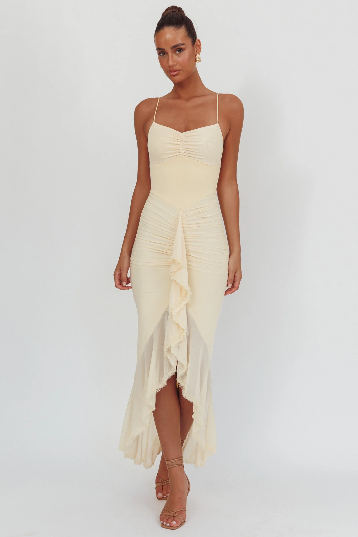 Kamilah Gathered Cascading Ruffle Midi Dress Butter - Sonourner