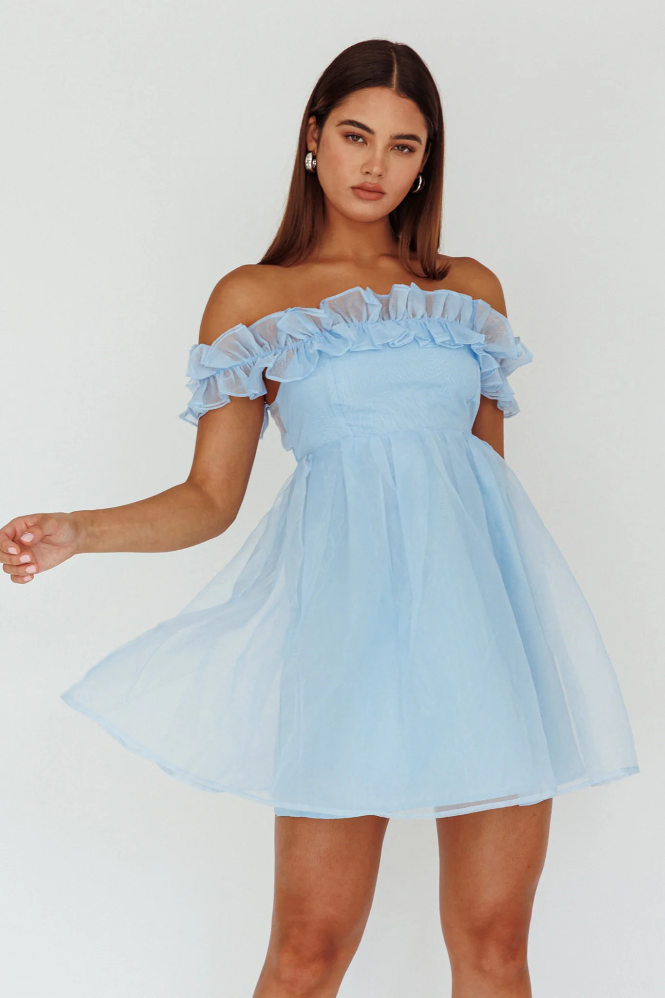 Dreamers Off-Shoulder Frill Mini Dress Light Blue - Sonourner