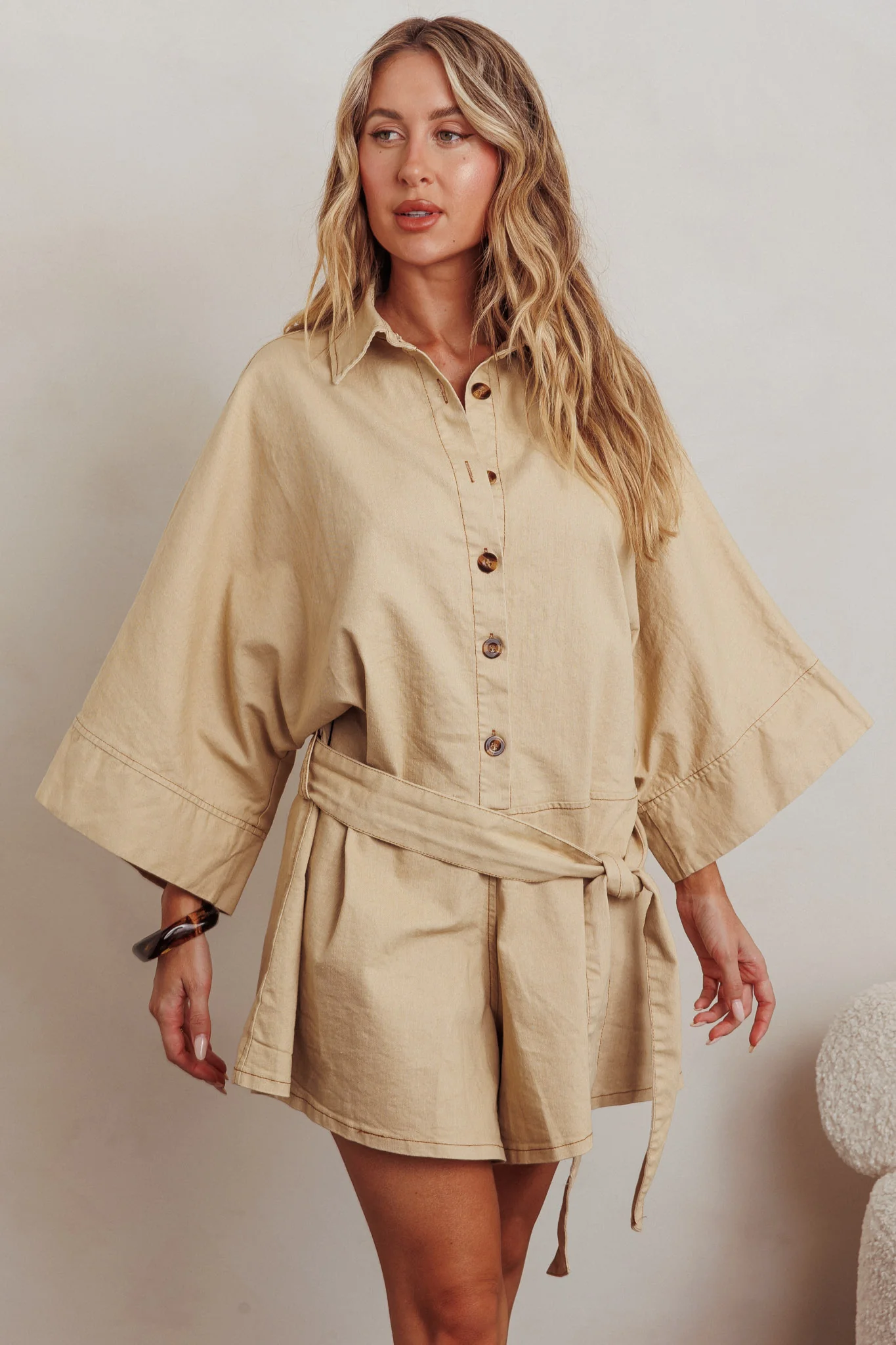 Daytona Beach Button-Up Romper Beige - Sonourner