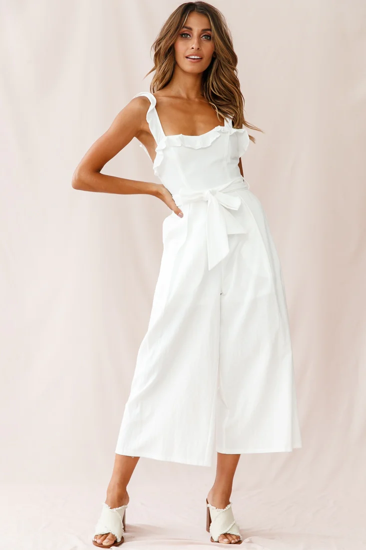 Kaia Ruffle Strap Wide-Leg Capri Jumpsuit White - Sonourner