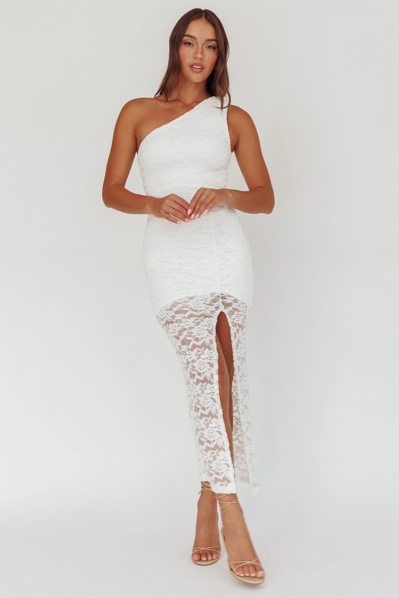 Lingering Love One-Shoulder Split Midi Dress Lace White - Sonourner