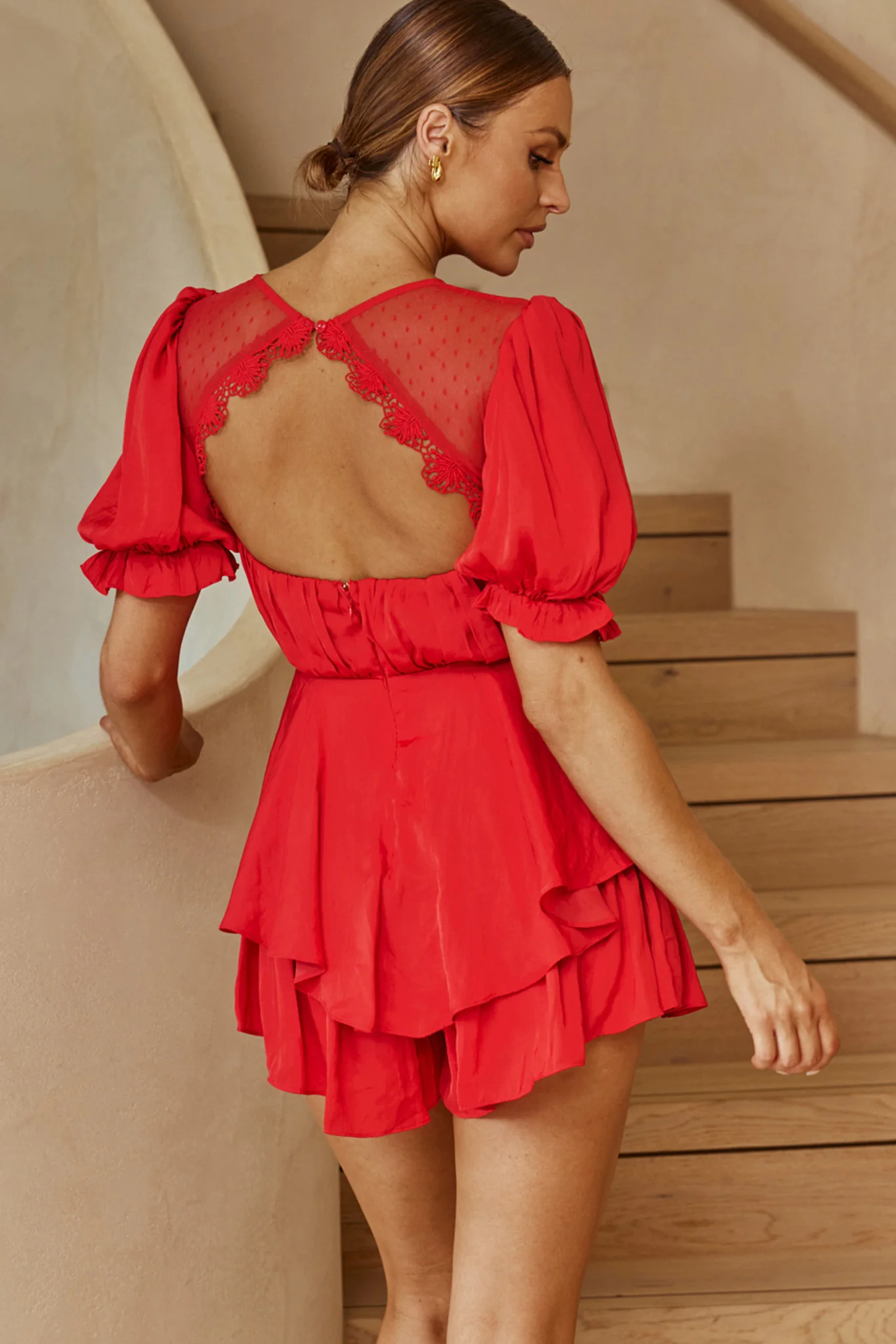L'amour Lace Mesh Bust Puff Sleeve Romper Red - Sonourner