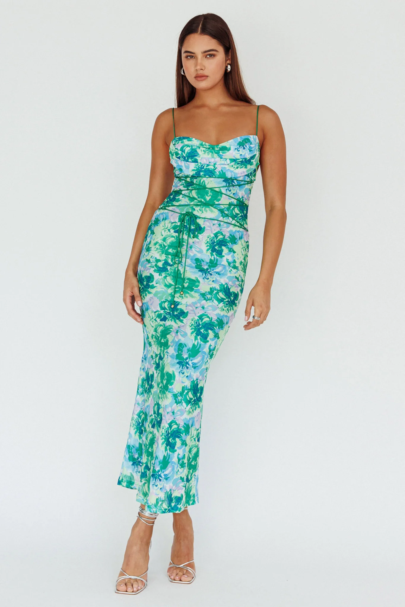 Teava Laced Waist Midi Dress Floral Green - Sonourner