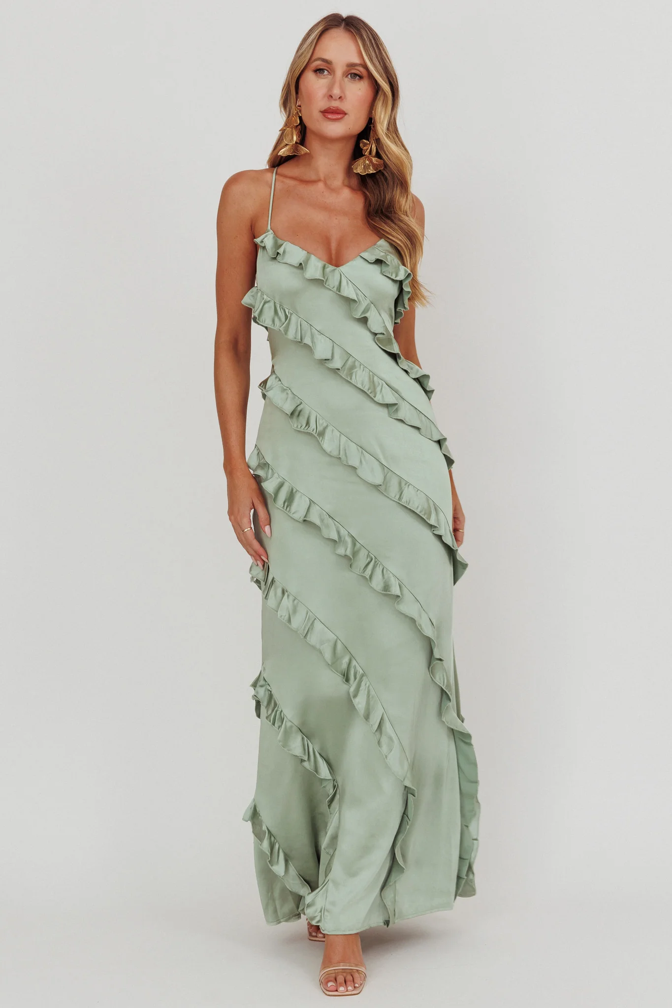 Arrabel Ruffle Trim Maxi Dress Sage - Sonourner