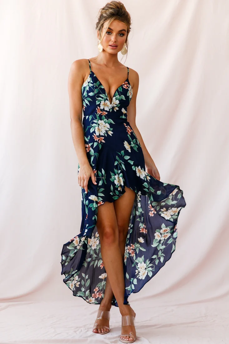 Imelda V-Neckline High-Low Hem Dress Navy - Sonourner