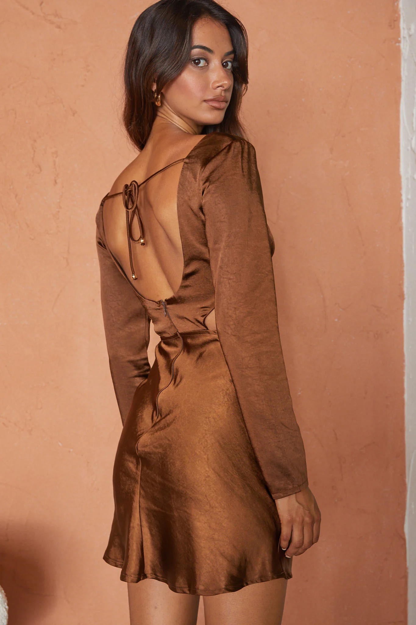 Shaken Not Stirred Cut-Out Waist Long Sleeve Pleat Mini Dress Chocolate - Sonourner