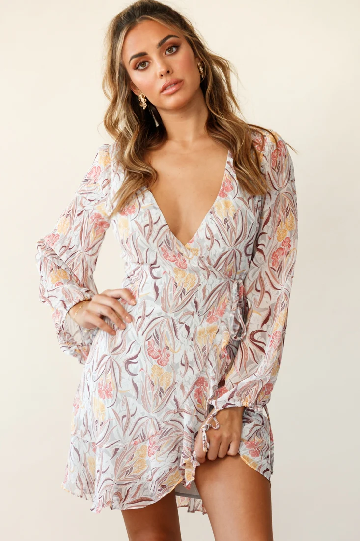 Hartley Balloon Sleeve Wrap Dress Floral Print Grey - Sonourner