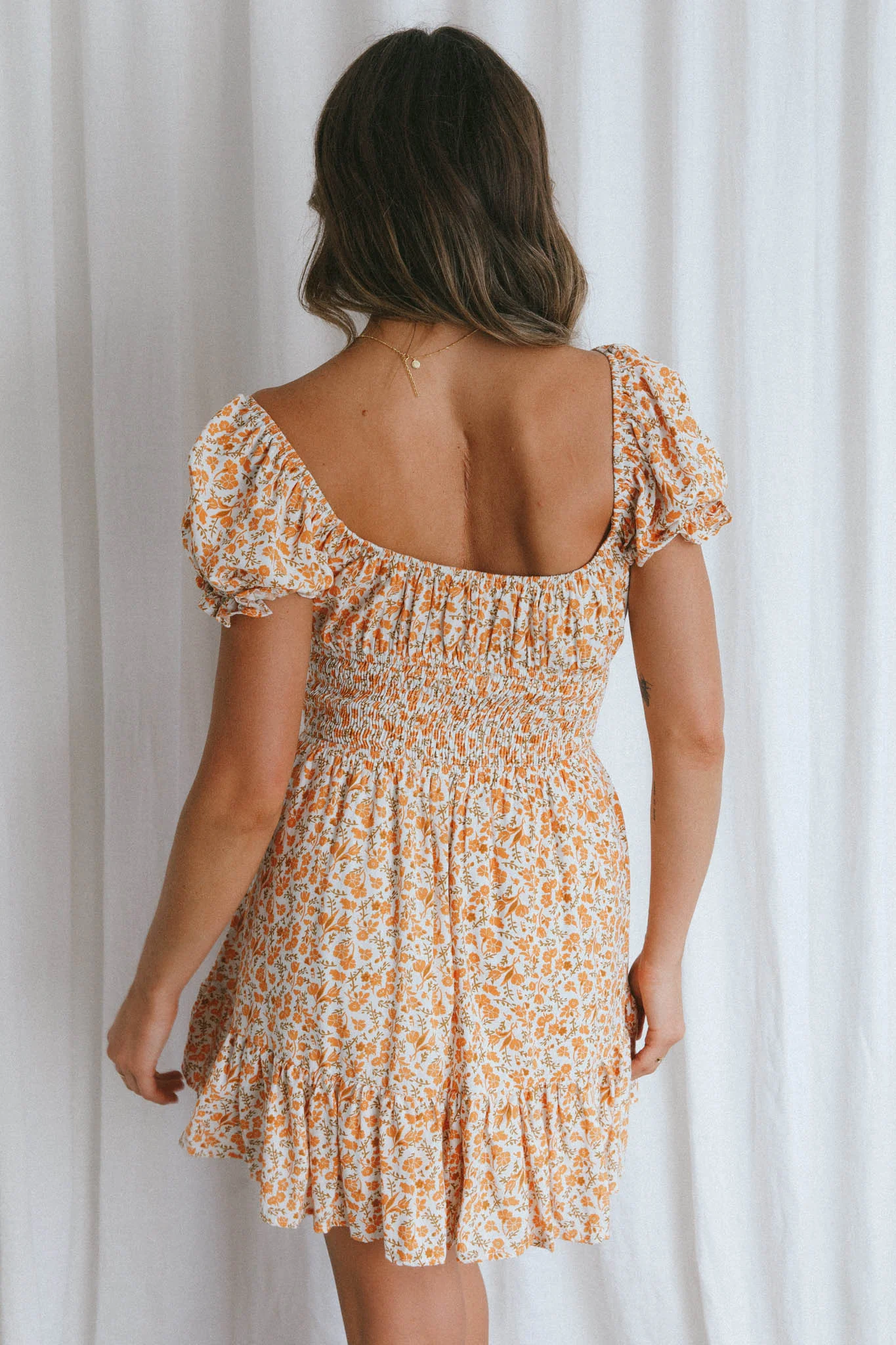 Amilie Shirred Waist Sundress Dainty Floral Mustard - Sonourner