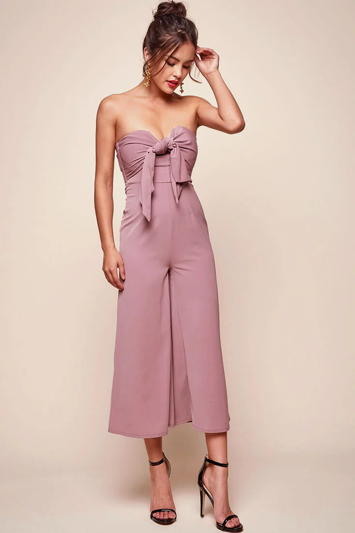 Khloe Bow Tie Wide Leg Jumpsuit Dusty Pink - Sonourner