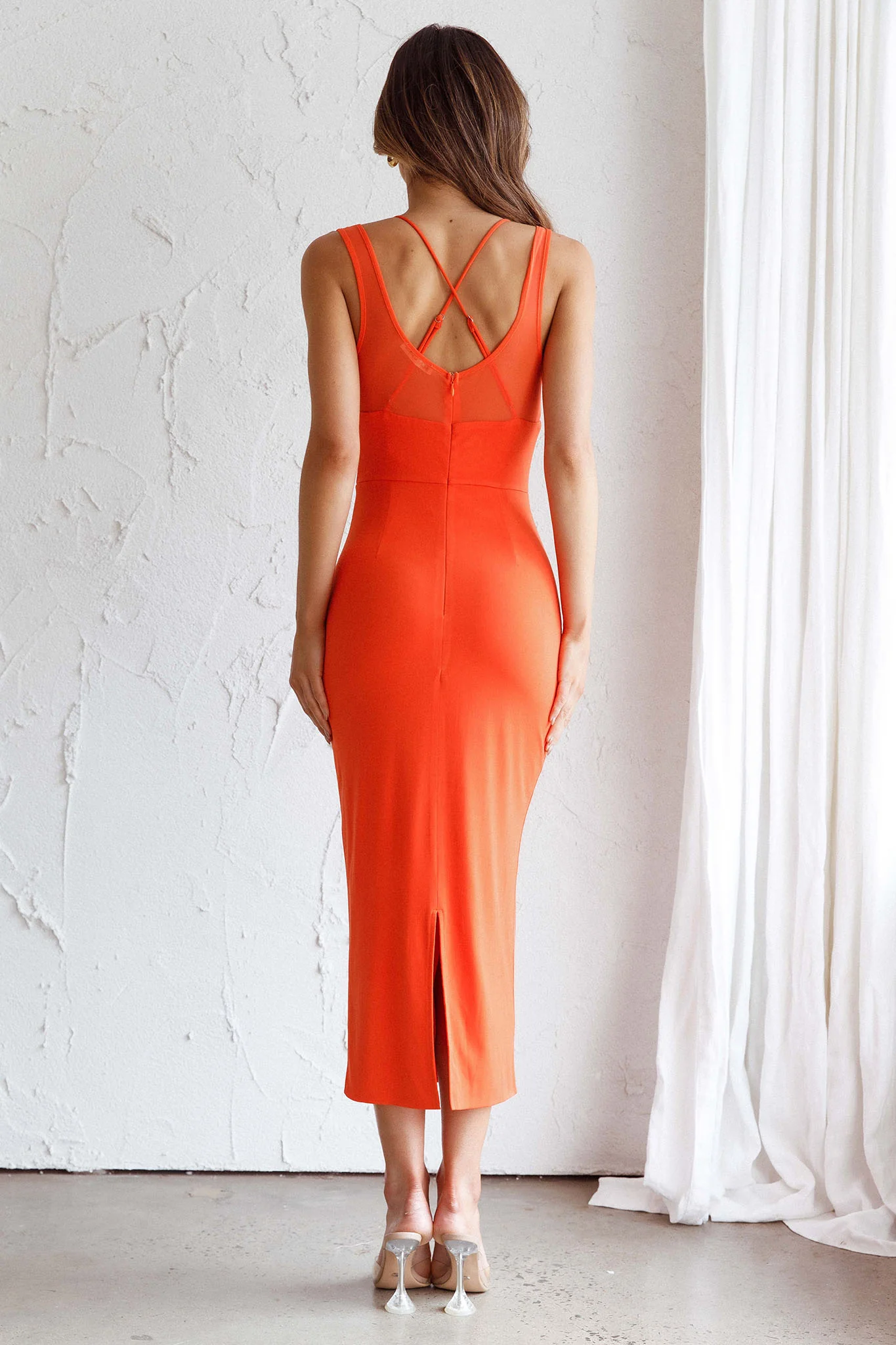 Charice Mesh Bodice Overlay Midi Dress Orange - Sonourner
