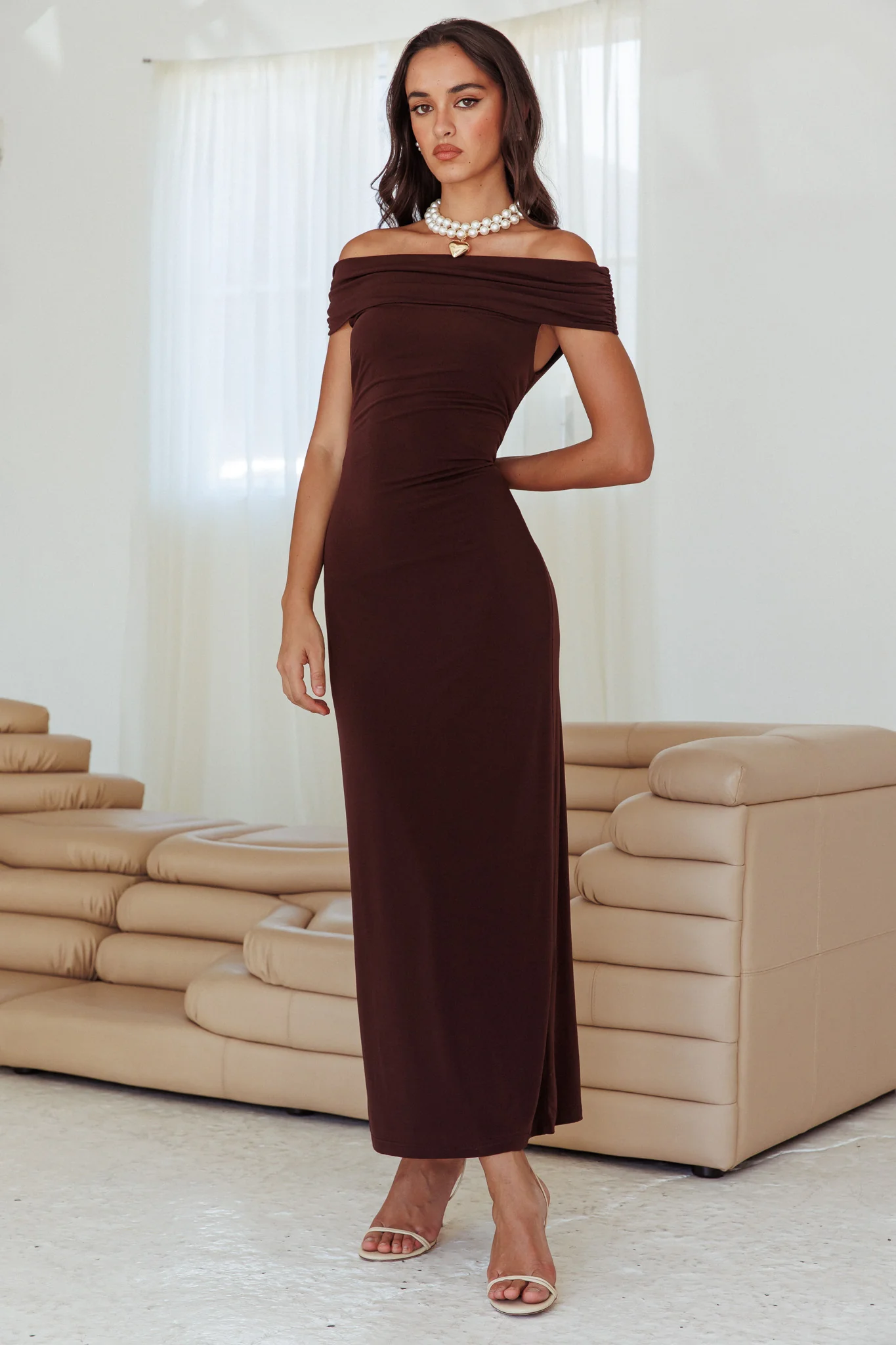 Cruising Sunset Off Shoulder Dress Chocolate - Sonourner