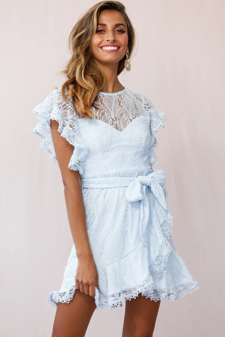 Taya Ruffle Shoulder Waist Tie Dress Steel Blue - Sonourner