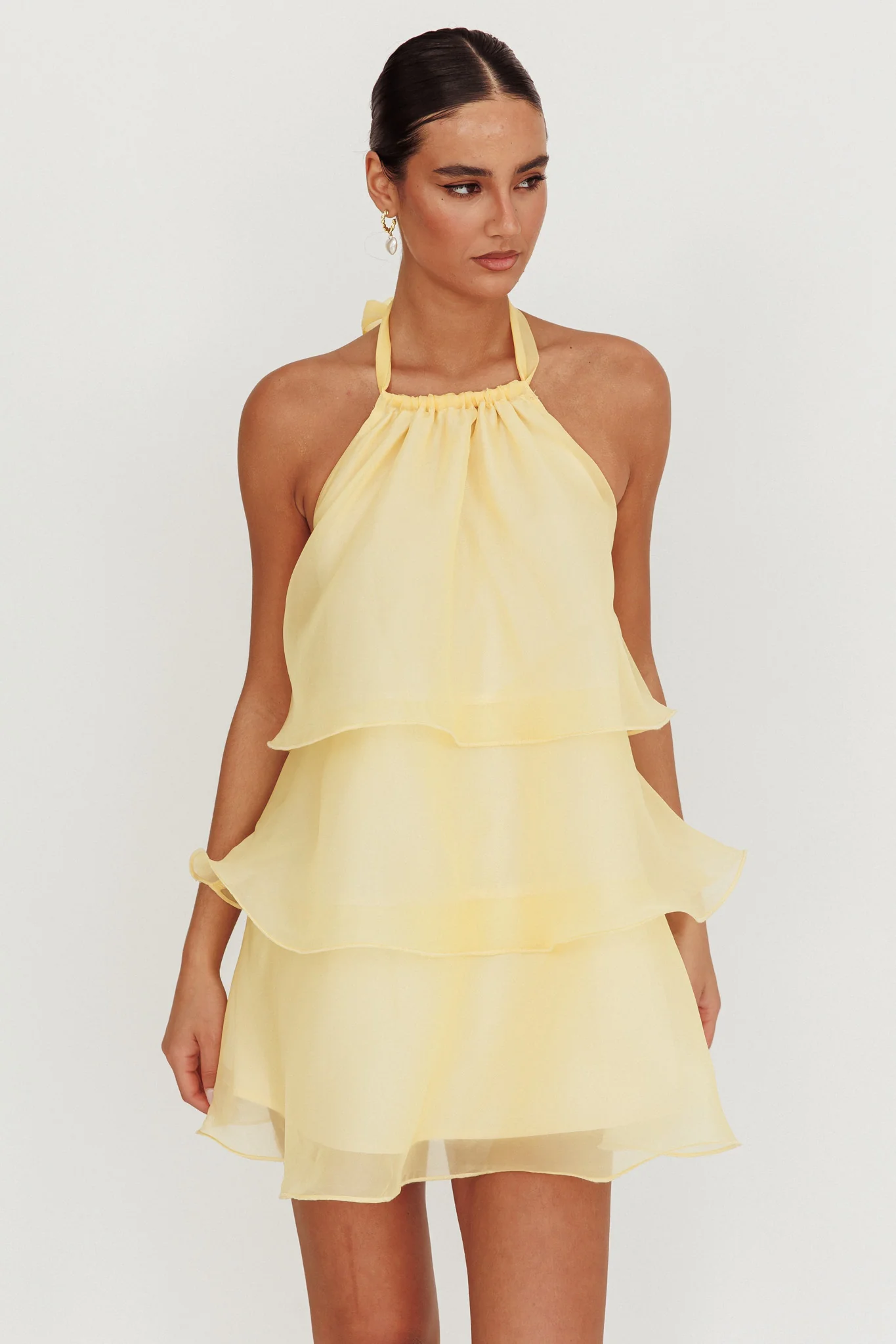 Tulips Tiered Halterneck Mini Dress Lemon - Sonourner