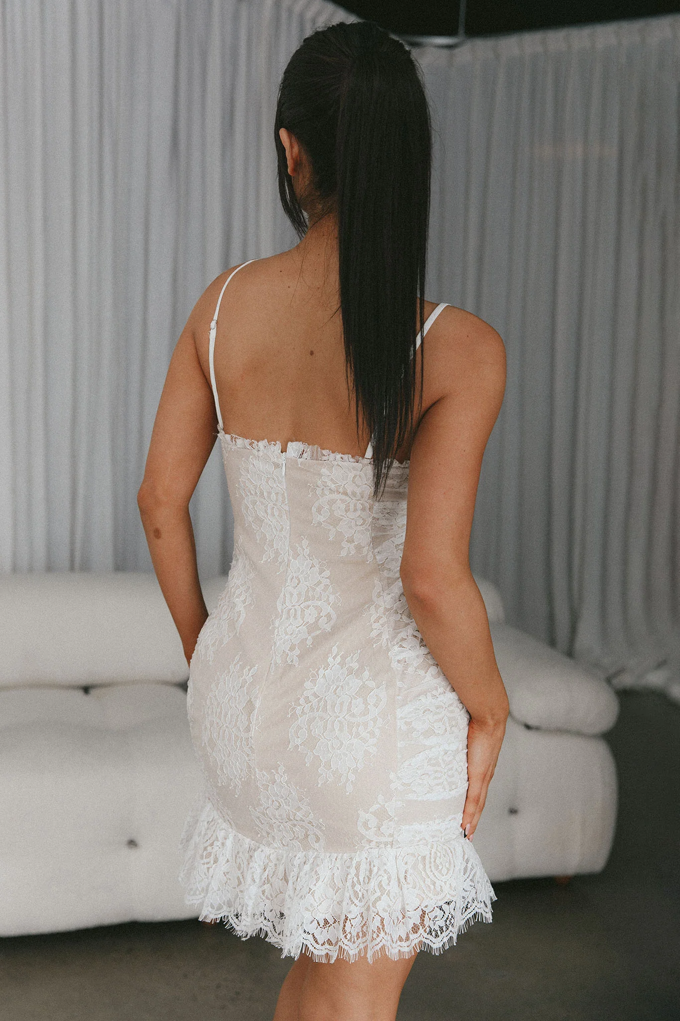 St Tropez Cami Strap Frill Hem Lace Mini Dress White - Sonourner