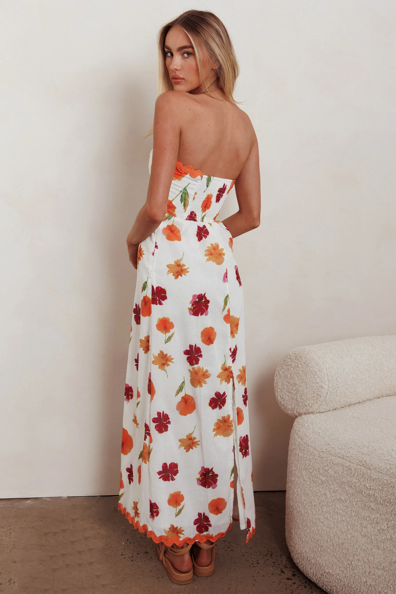Cypress Ric Rac Trim Floral Strapless Maxi Dress Orange Multi - Sonourner