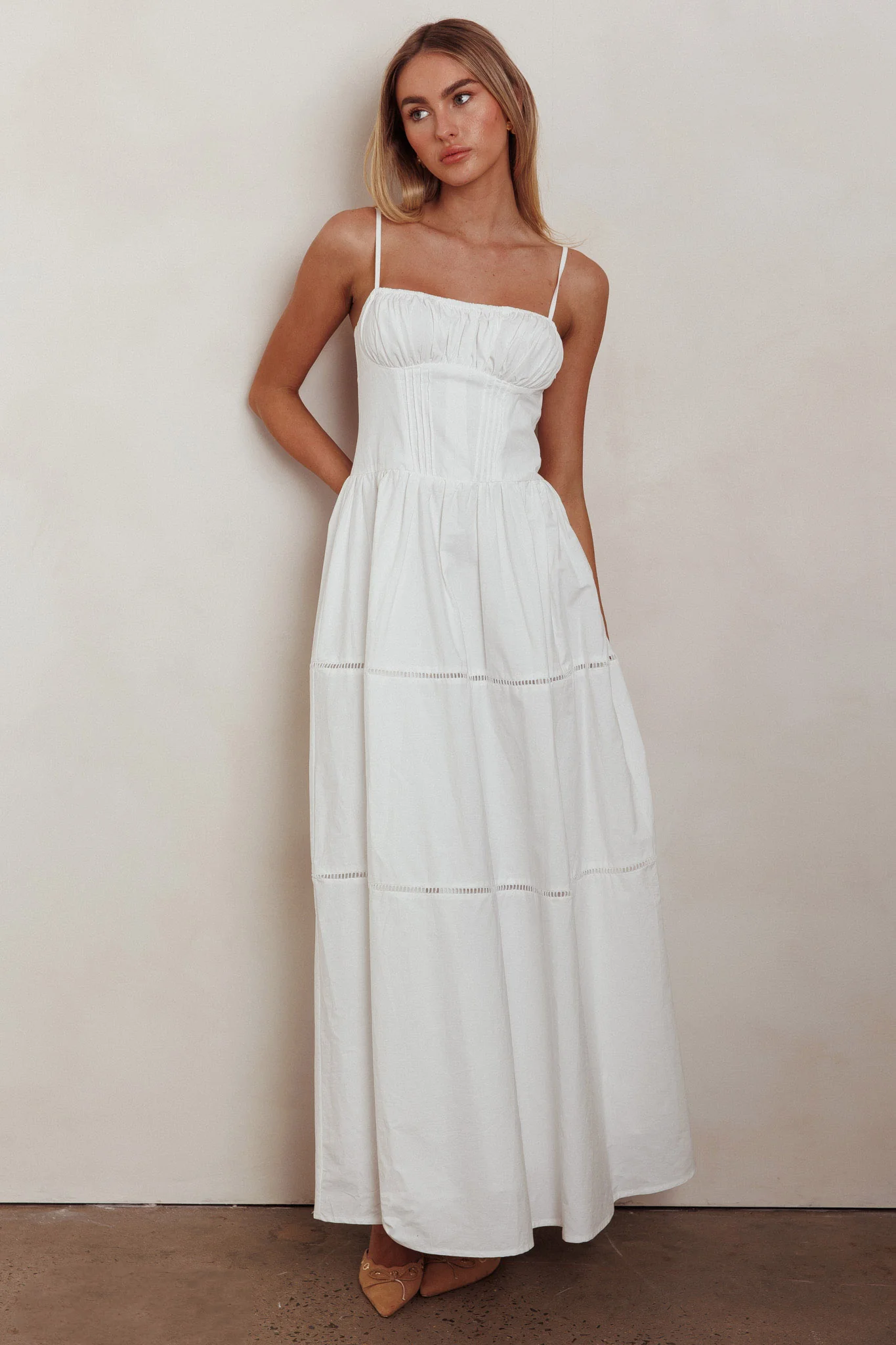 Heavenly Glow Gathered Bust A-Line Maxi Dress Off White - Sonourner