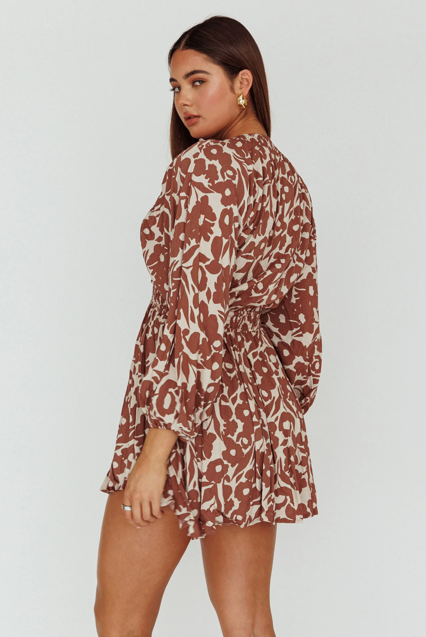Going Your Way Long Sleeve Mini Dress Floral Brown - Sonourner