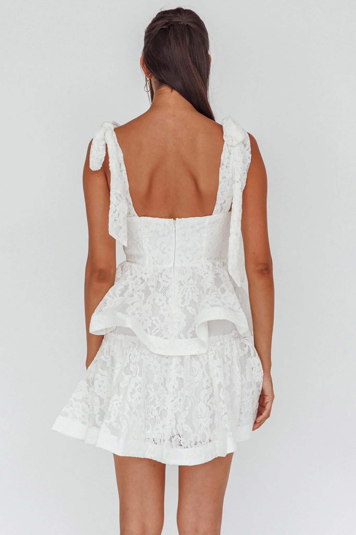 Neriah Tied Shoulder Tiered Lace Mini Dress White - Sonourner