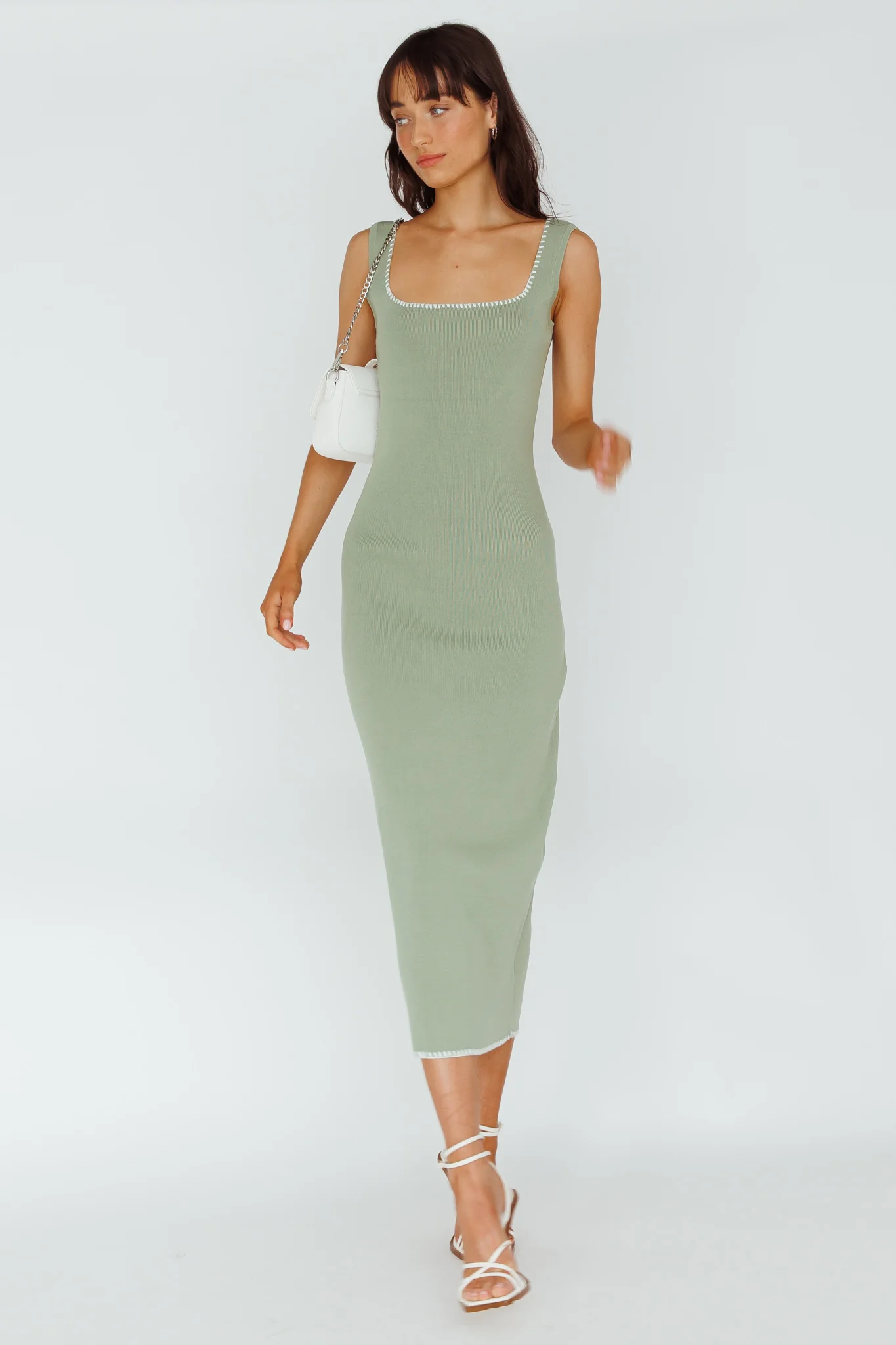 North Shore Blanket Stitch Knit Maxi Dress Sage - Sonourner