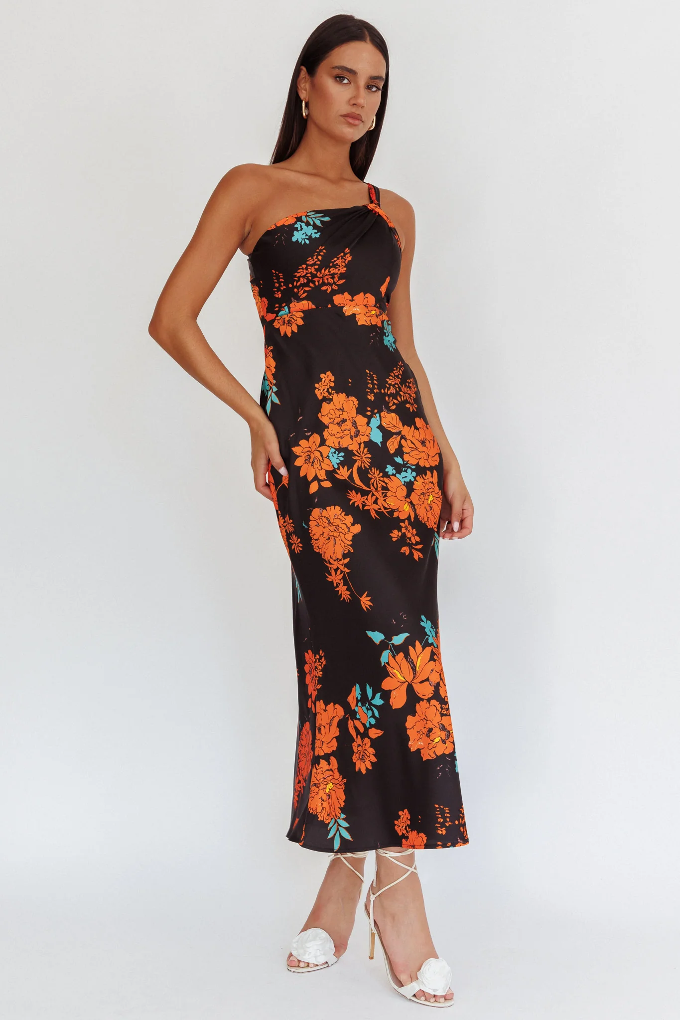 Fly Love Satin One Shoulder Maxi Dress Floral Black - Sonourner