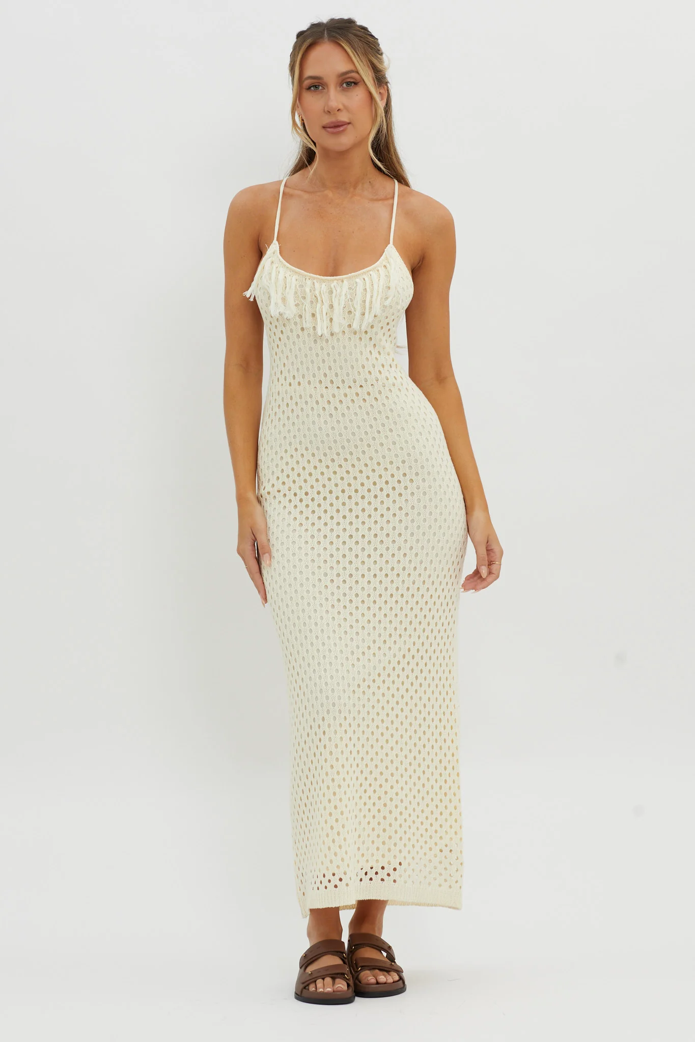 Kesha Open Back Crochet Maxi Dress Cream - Sonourner