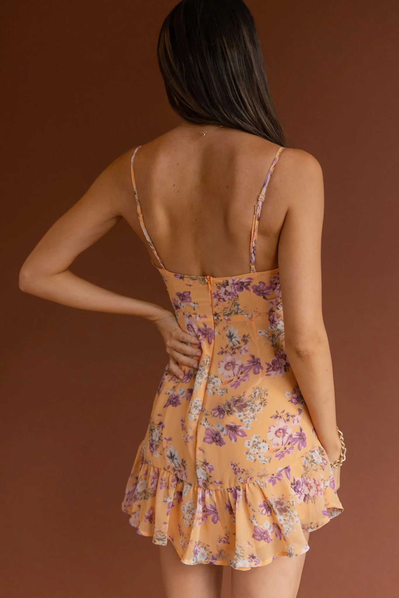 Good Vibes V-Neckline Frill Hem Dress Floral Orange - Sonourner