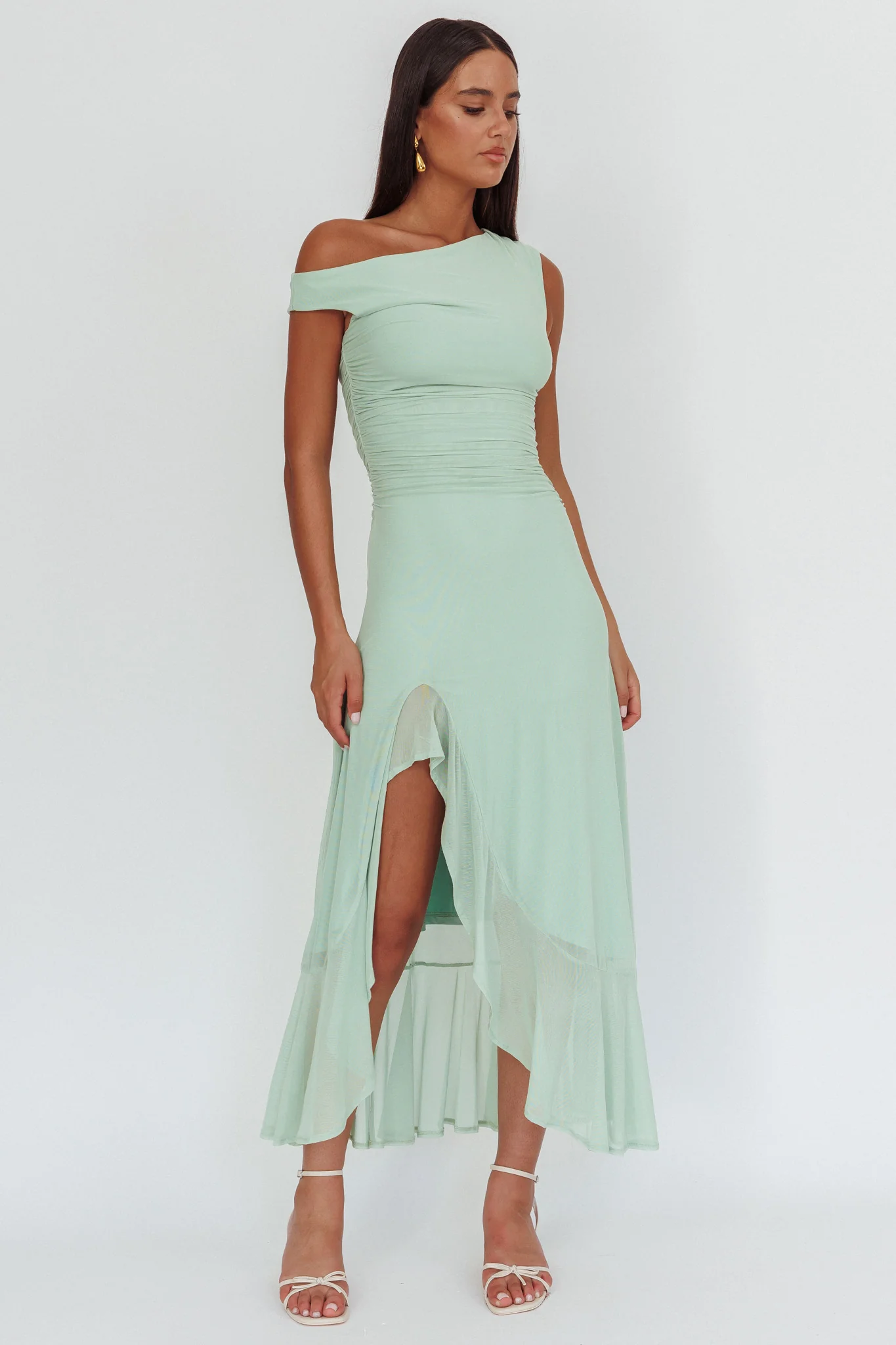 Moonlit Magic Asymmetric Neckline Maxi Dress Sage - Sonourner