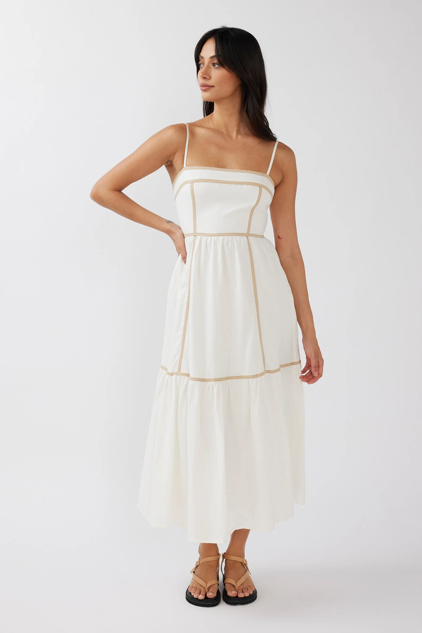 Confidante Piping Trim Midi Dress White - Sonourner