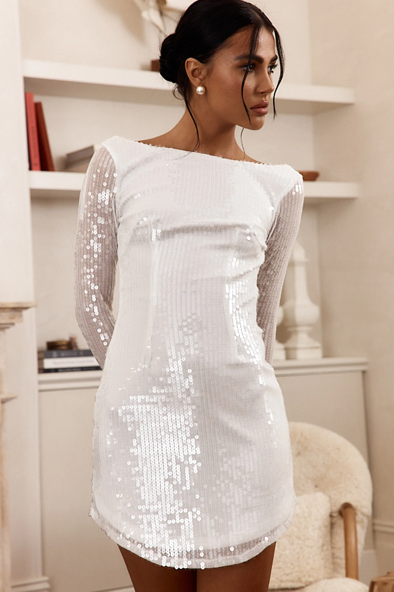 Karma Long Sleeve Keyhole Back Sequin Dress White - Sonourner