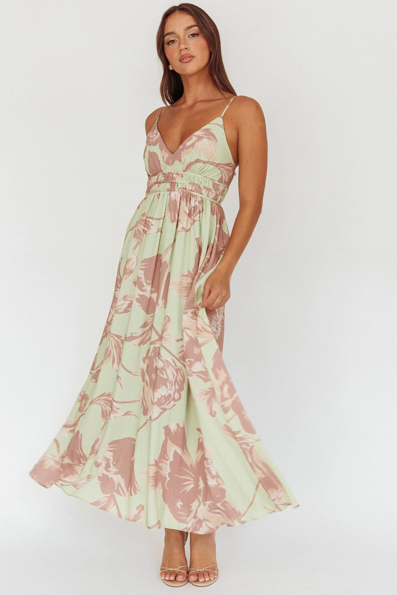Sunny Afternoon Gathered Waist Maxi Dress Floral Sage - Sonourner