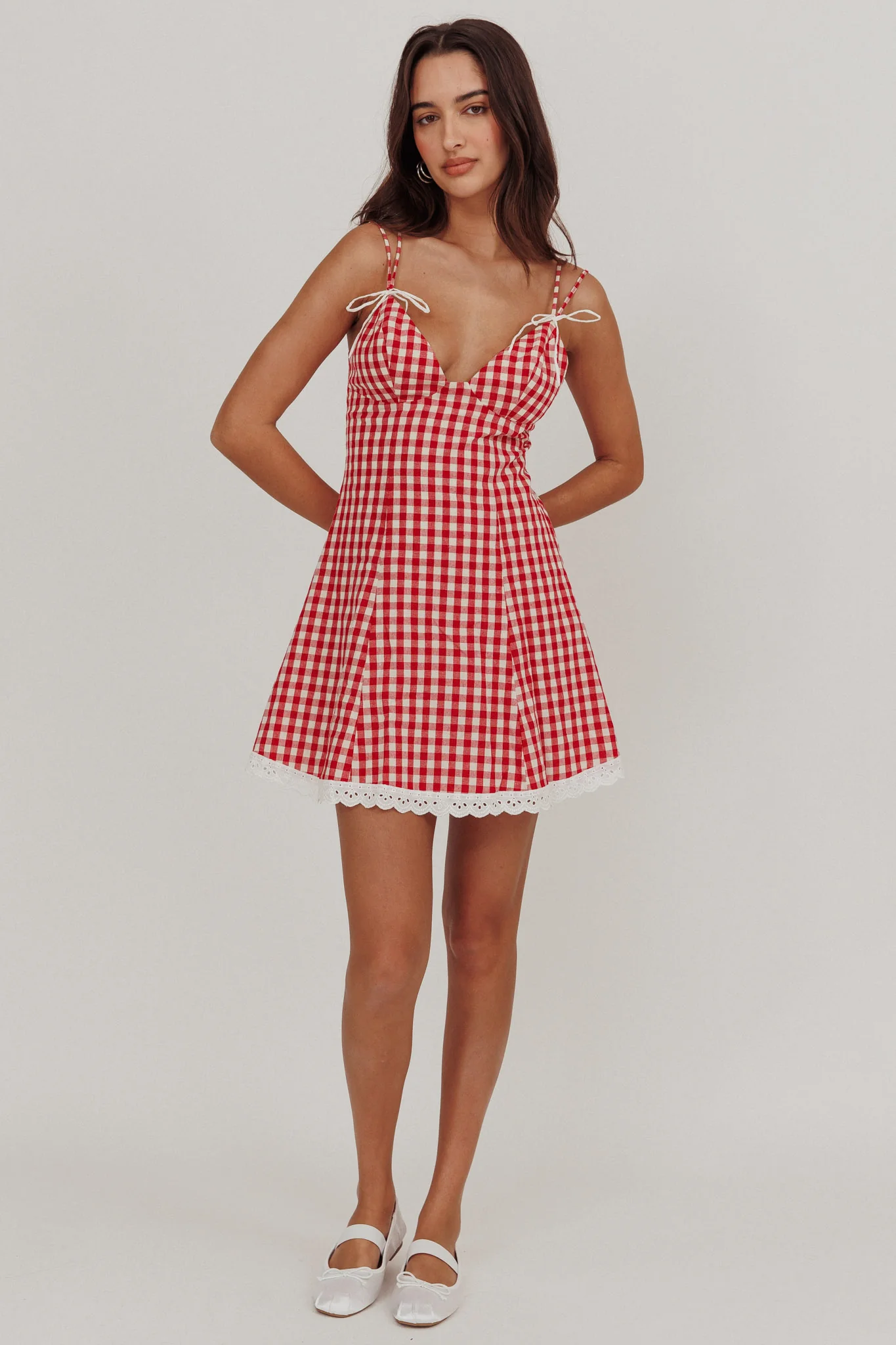 Noelle Lace Trim Mini Dress Gingham Red - Sonourner