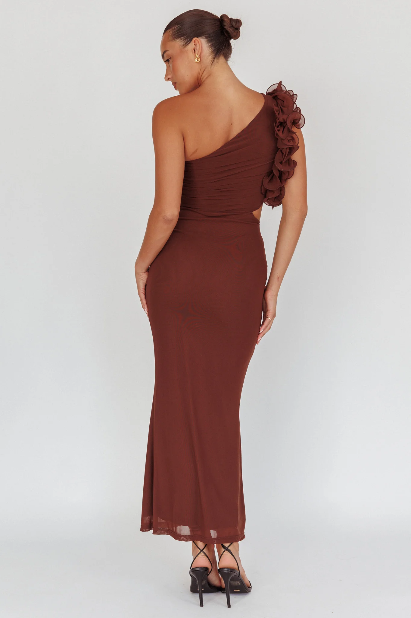 Deanna One-Shoulder Ruffle Maxi Dress Brown - Sonourner