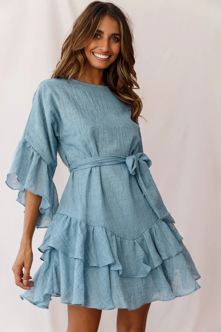 Wilshire Tiered Ruffle Hem Dress Denim Blue - Sonourner
