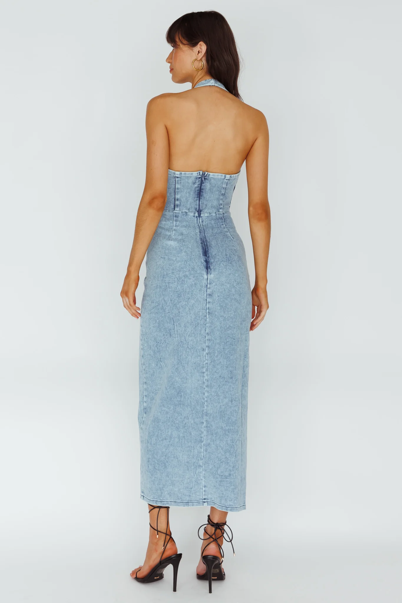 Renita Halterneck Button Maxi Dress Denim Blue - Sonourner