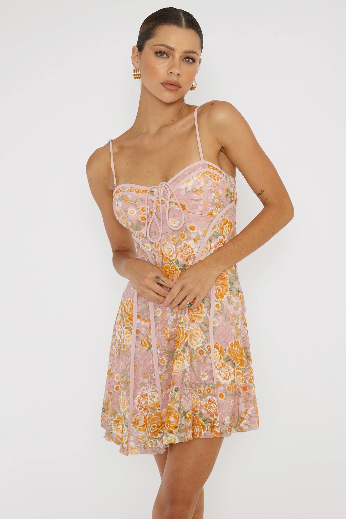 Find Your Way Lace Piping Mini Dress Pink - Sonourner