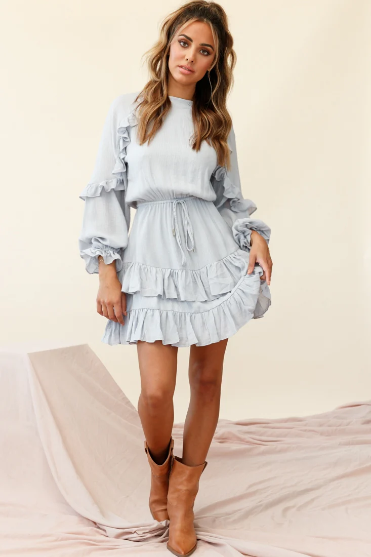Best Wishes Long Sleeve Frill Detail Dress Grey - Sonourner