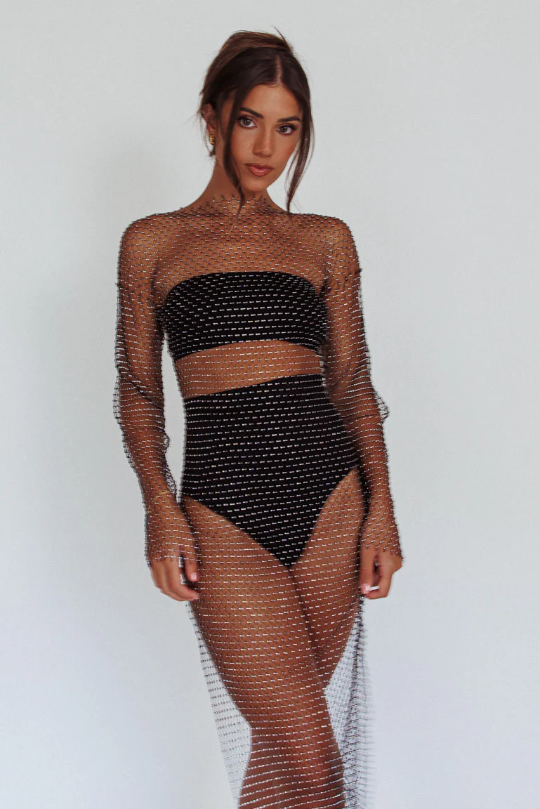 Cosmic Girl Diamante Net Midi Dress Black - Sonourner