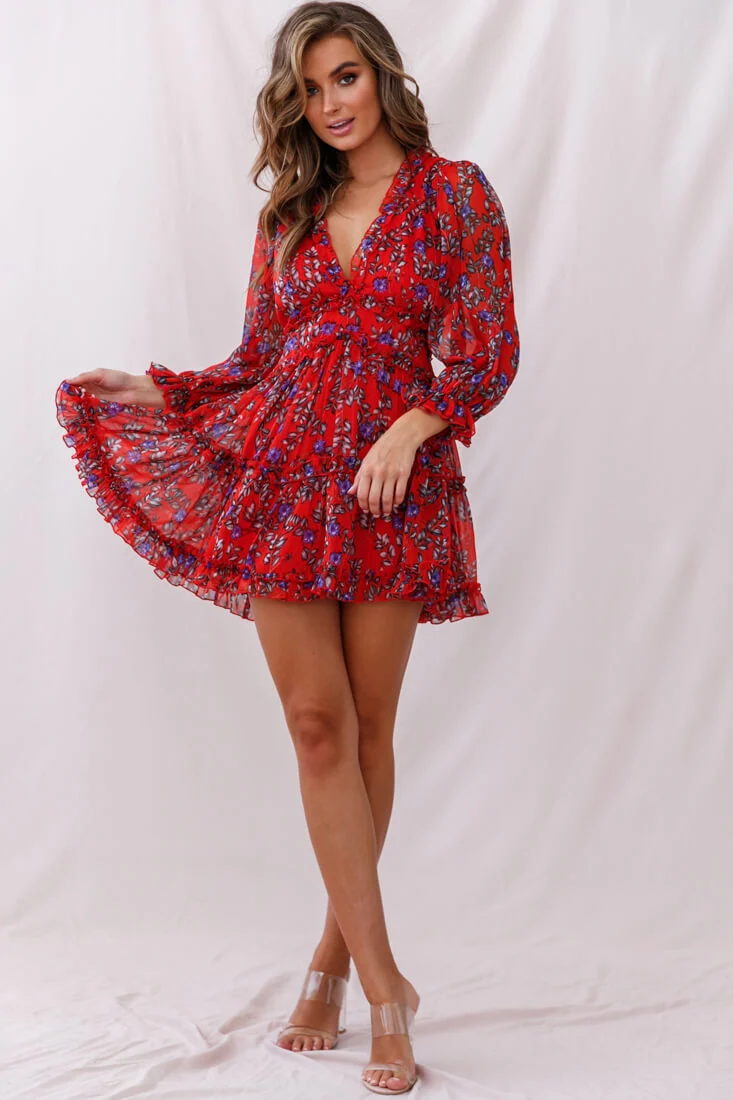 Laney Cutout Back Ruffle Trim Dress Red Floral - Sonourner