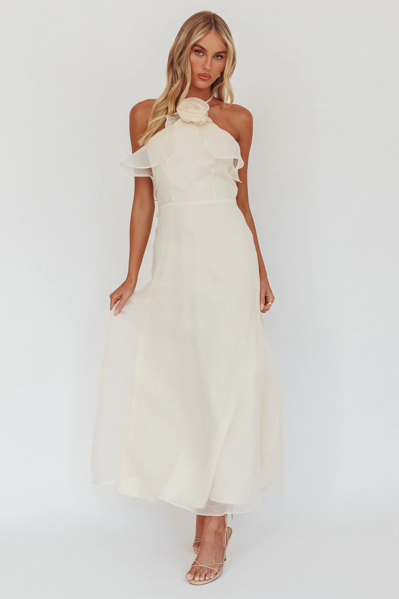 Cordially Invited Ruffle Neckline Rosette Maxi Vanilla - Sonourner