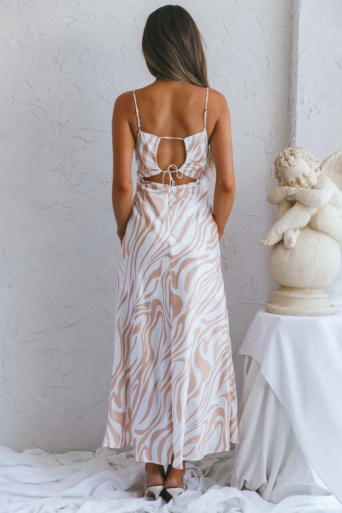 Jasper Cowl Neck Cut-Out Drawstring Back Midi Dress Zebra Print Beige - Sonourner