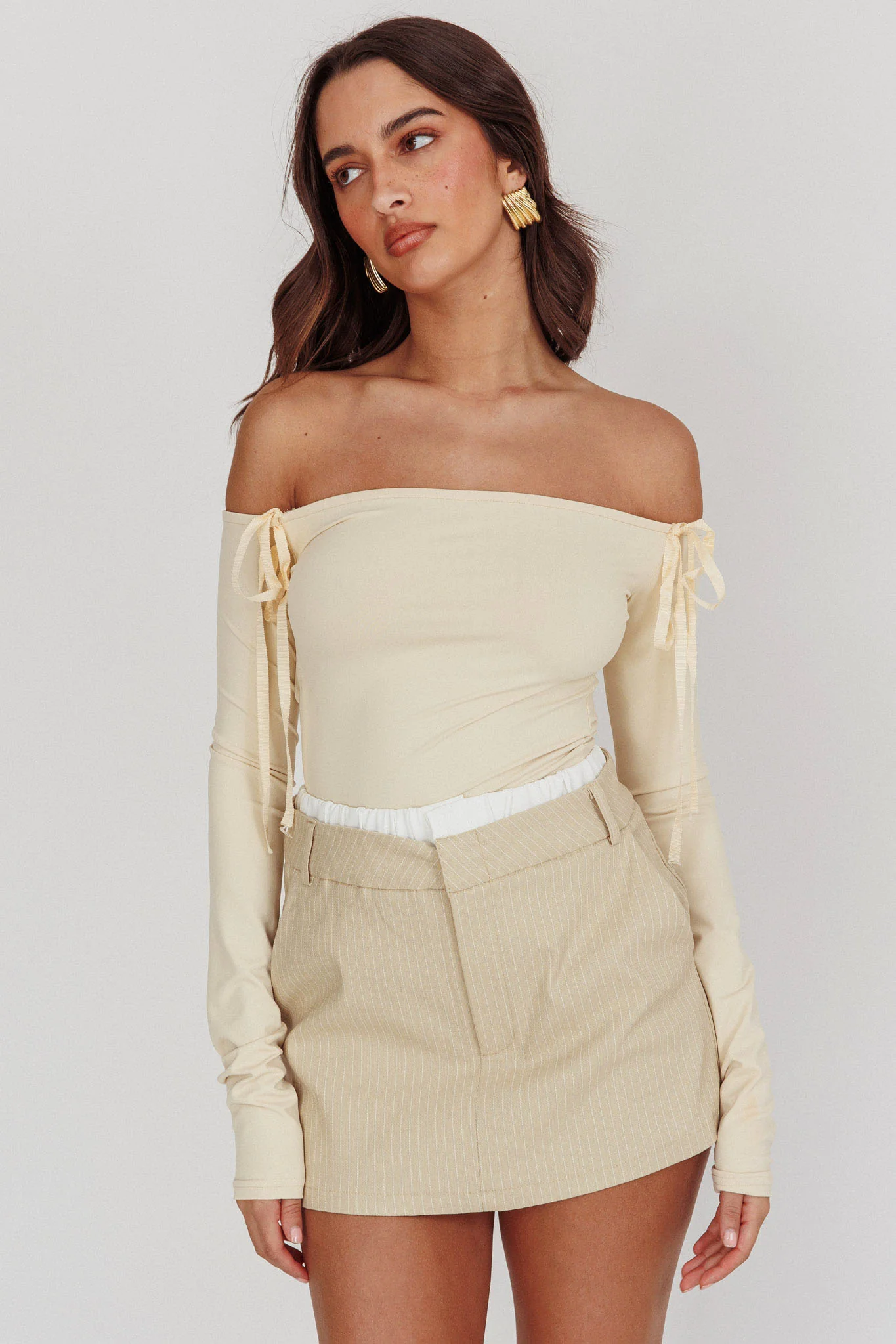 Rhian Pinstripe Double Waistband Skort Beige White - Sonourner