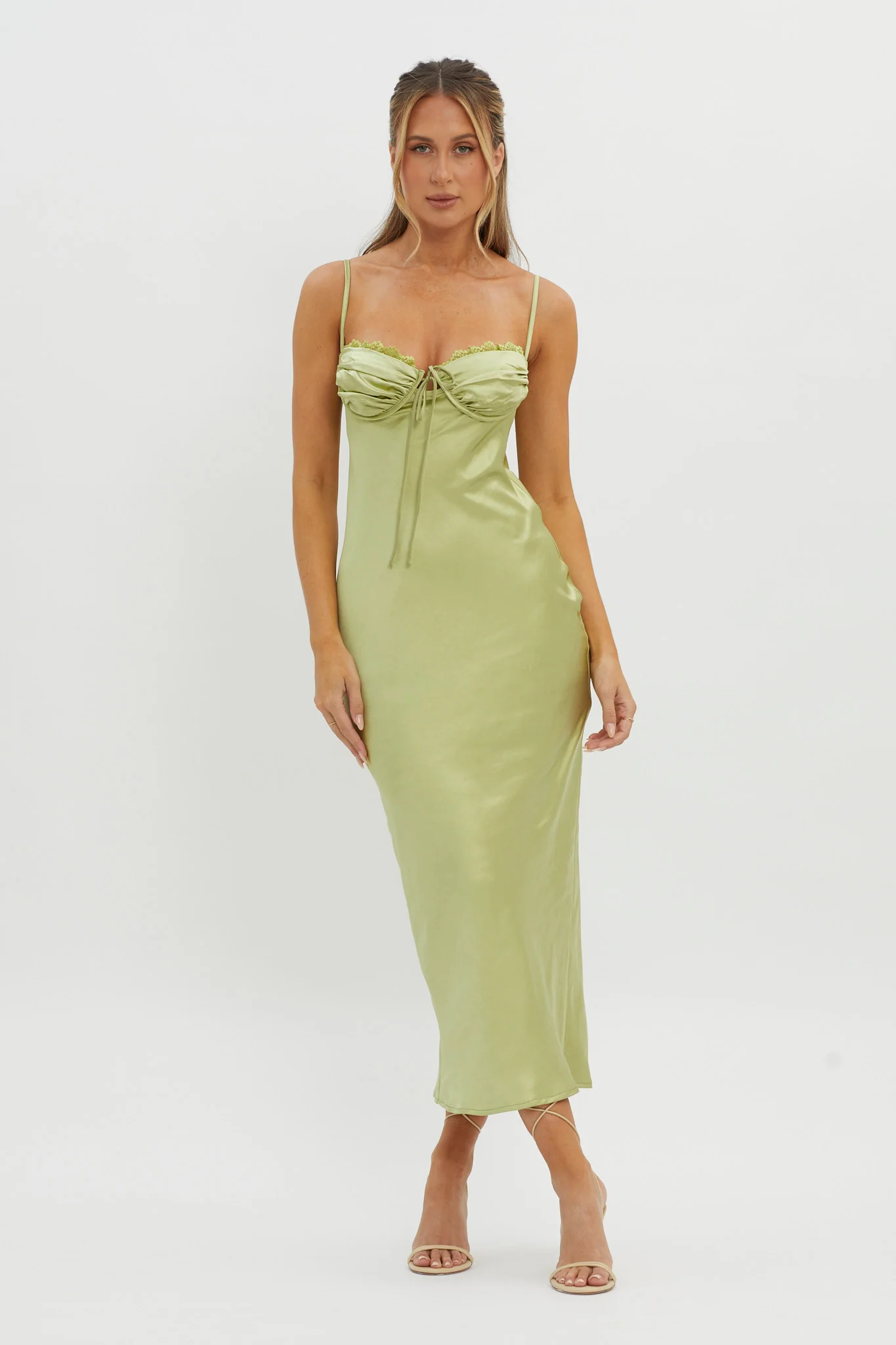 Fortune Lace Trim Bust Tie Midi Dress Lime - Sonourner