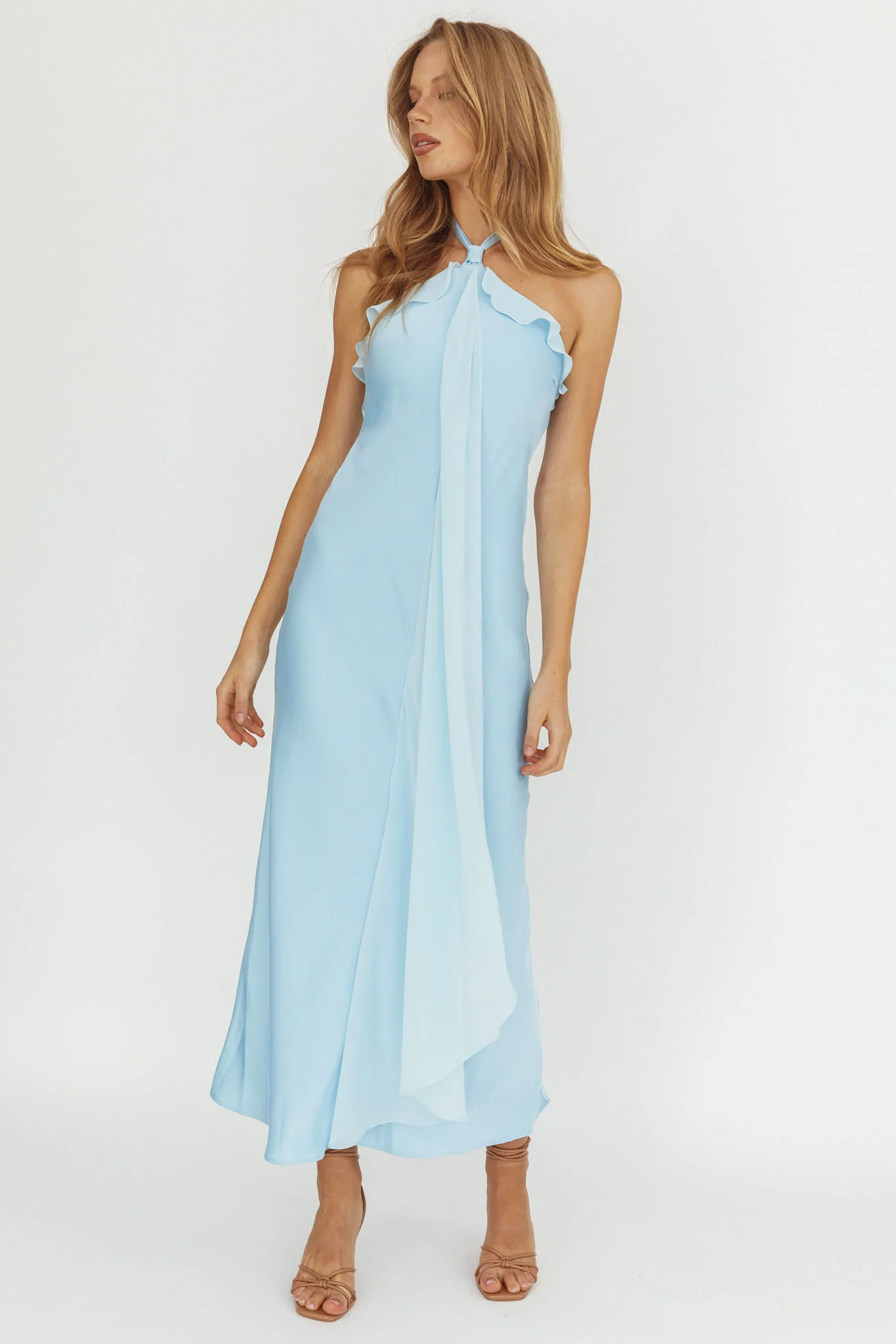 Starlet Halterneck Sash Maxi Dress Baby Blue - Sonourner