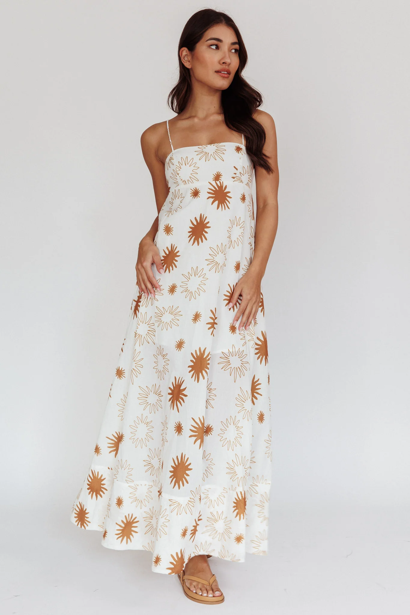 Midsummer Sun Print Maxi Dress White Green - Sonourner