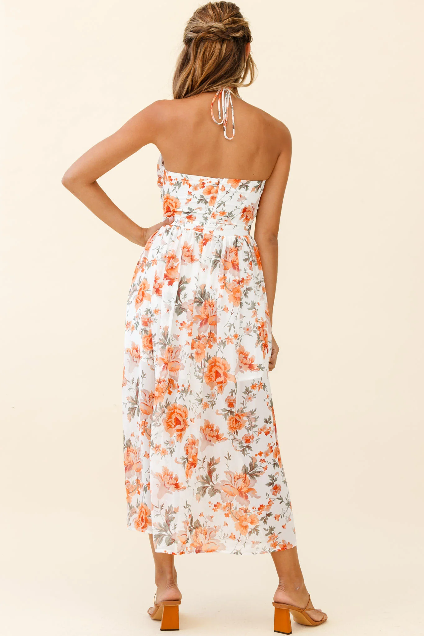 Los Feliz Tied Bust Halterneck Midi Dress Floral Print Orange - Sonourner