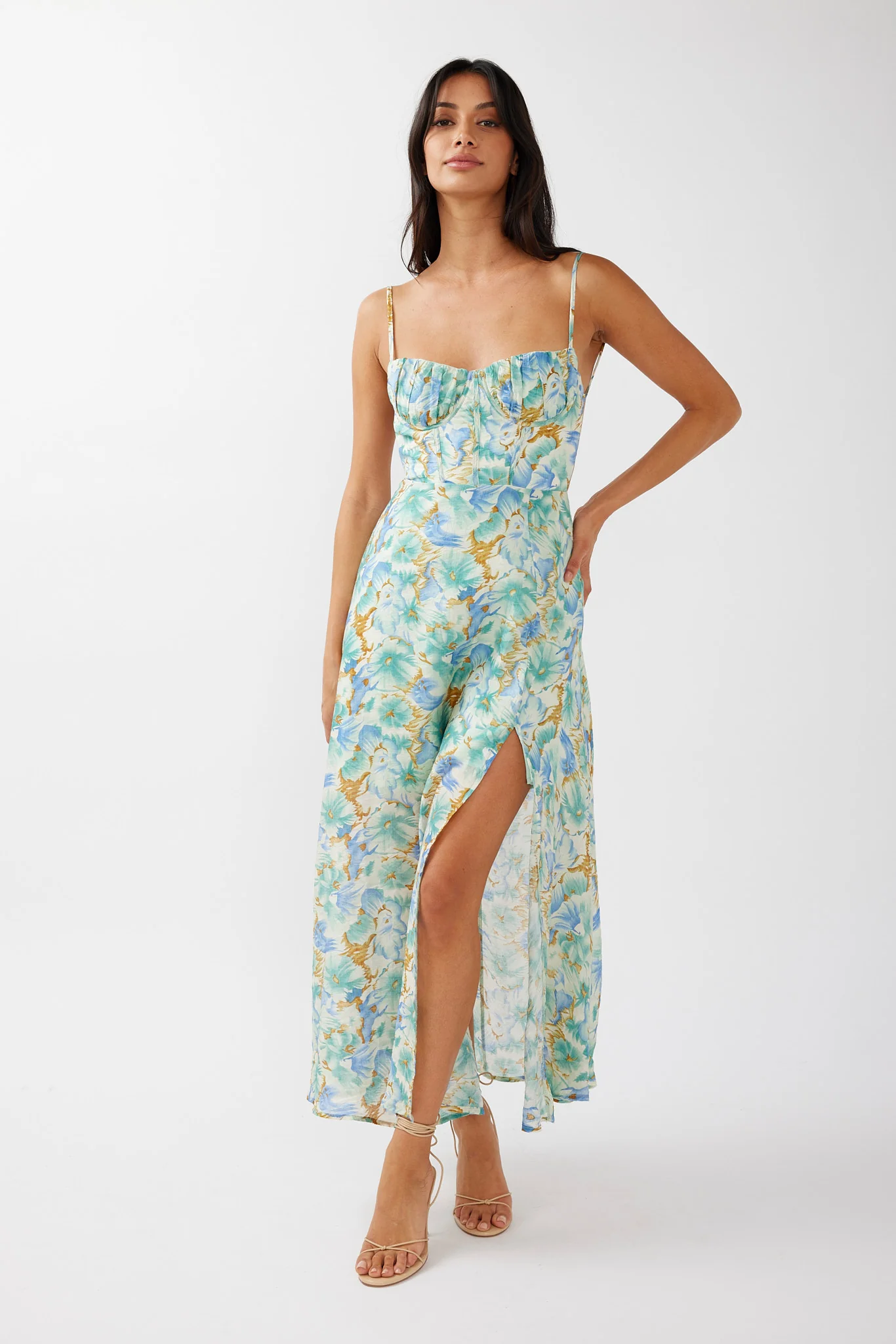 Echoes Tied Back A-Line Midi Dress Floral Green - Sonourner
